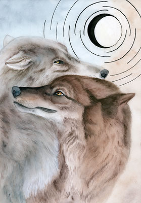 Tsukuyomi and Amaterasu - watercolour/indian ink