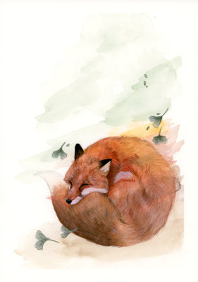 Schlafender Fuchs und Ginkgo - Aquarellfarben/Aquarellstifte
