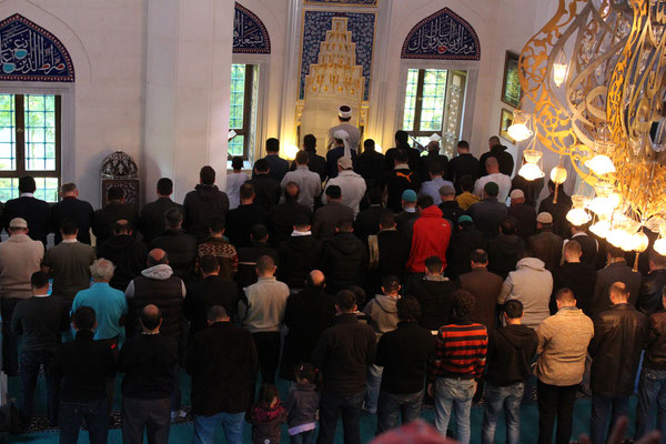 Gebetsraum: Betende muslimische Männer in der Sehitlik-Moschee. Foto: Helga Karl