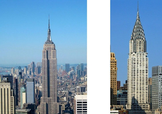 Empire State Building (1929) 381m 102 plantas  y el Crysler Building (1928) 319m 77 plantas.
