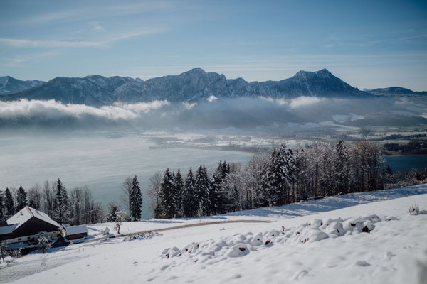 Winterliche Berglandschaft rund um den Mondsee mit verschneiten Wiesen und Alpenpanorama