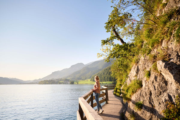 Panoramasteg am Felsen entlang des Wolfgangsees im Salzkammergut