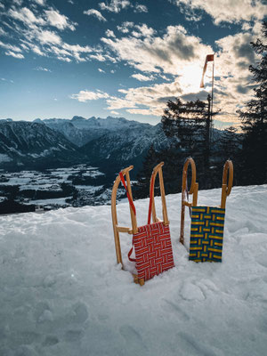Holzrodeln am Loser mit Blick über Altaussee im Salzkammergut