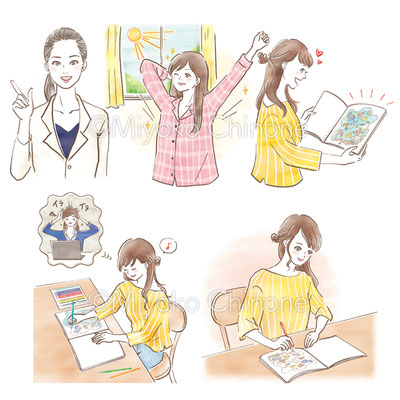塗り絵を楽しんでいる女性のイラスト