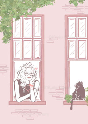 猫と女性のイラスト（オリジナル）