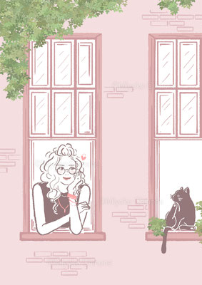 猫と女性のイラスト（オリジナル）