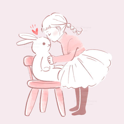 ぬいぐるみにキスをする女の子のイラスト