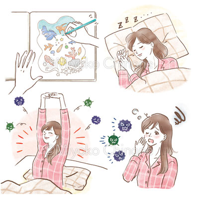 寝ている女性と元気になった女性のイラスト