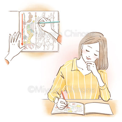 塗り絵をしている女性のイラスト