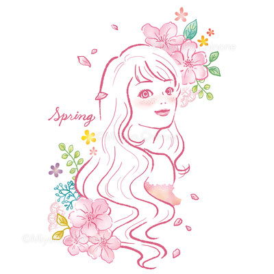 桜と女性の春のイメージイラスト（オリジナル）