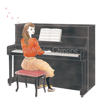 「のんびり弾きたい　オトナが始める初心者ピアノ」表紙イラスト　ピアノを弾く女性のイラスト