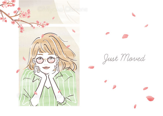 窓から顔を出して桜を眺める女性のイラスト