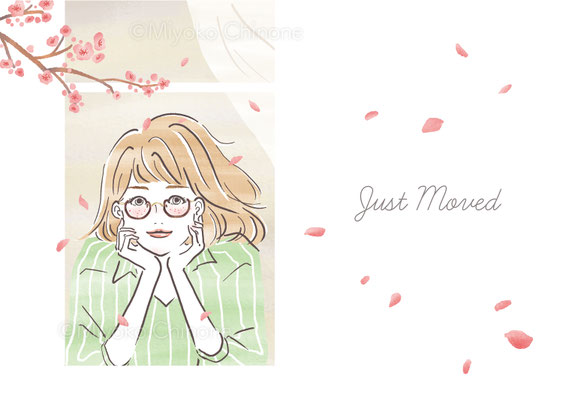 窓から顔を出して桜を眺める女性のイラスト