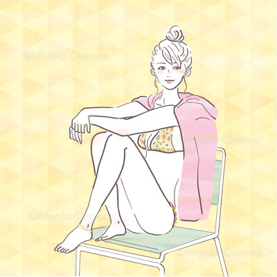 水着で座っている女性のイラスト