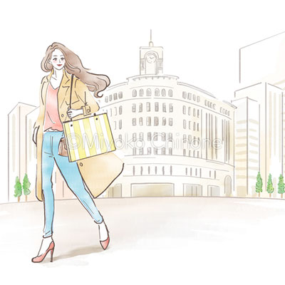 銀座で買い物をする女性のイラスト（オリジナル）