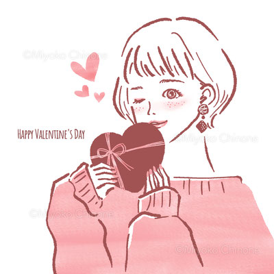 チョコレートを持った女性のバレンタインイラスト（オリジナル）