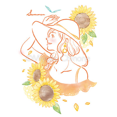 ひまわりと女性の夏のイメージイラスト