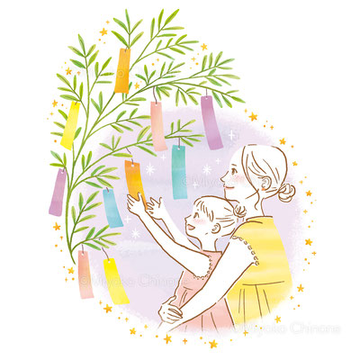 親子で七夕を楽しんいる女性のイラスト（オリジナル）