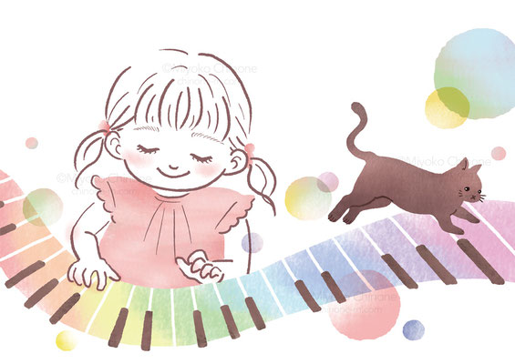 ピアノを弾いている子供と猫のイラスト