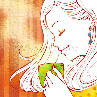 コーヒーを飲む女性の横顔のイラスト（オリジナル）