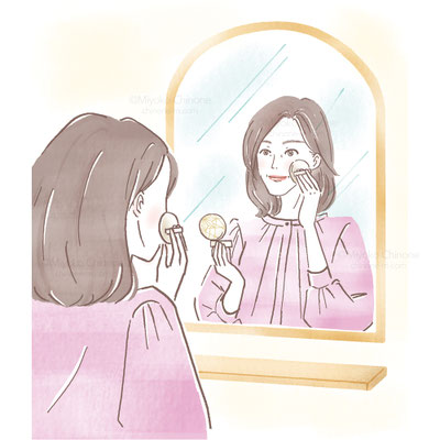 鏡で化粧なおしをするシニア女性のイラスト