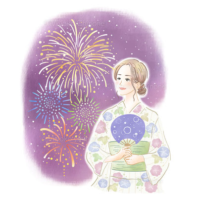 花火を見上げる女性のイラスト（オリジナル）