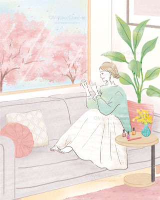 部屋のソファでくつろぎながらネイルをしている女性のイラスト