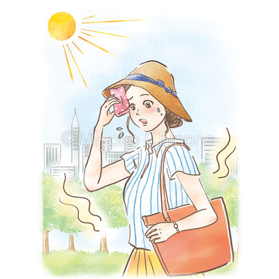 暑い日に汗をかいている女性のイラスト