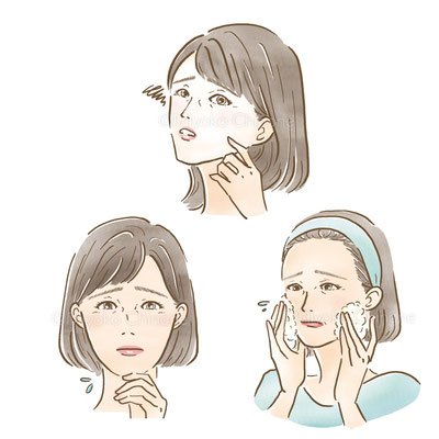 スキンケアに悩む女性のイラスト