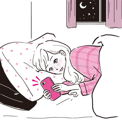 ベッドでスマホを見ている女性のイラスト