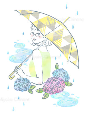 雨と紫陽花と女性のイラスト