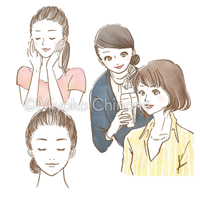 肌のお手入れをしている女性のイラスト