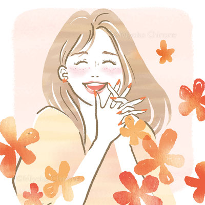 花に囲まれた笑顔の女性のイラスト（オリジナル）