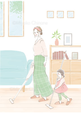部屋を掃除しているママと娘のイラスト