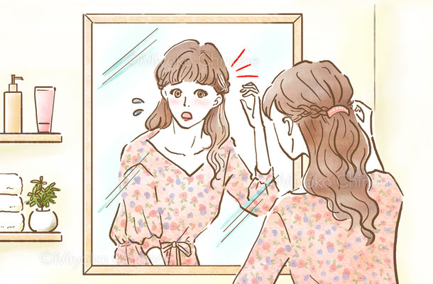 鏡の前で白髪を気にする女性のイラスト