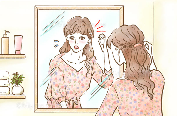 鏡の前で白髪を気にする女性のイラスト