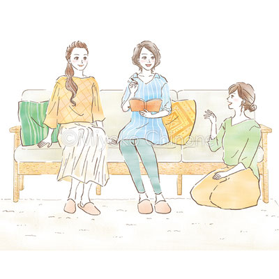 ソファでくつろぐ女性たちのイラスト（某保険会社様パンフレット挿絵）