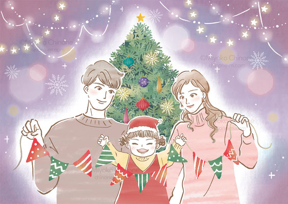 家族でクリスマスを楽しんでいるイラスト（オリジナル）