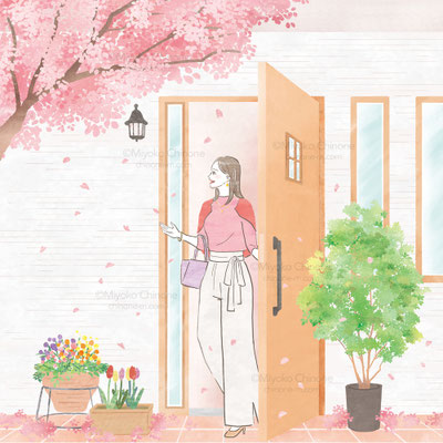 春の桜を見ている女性のイラスト
