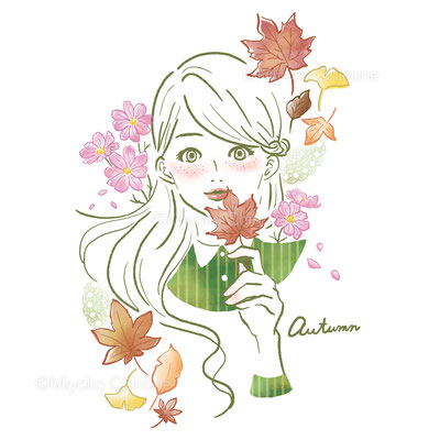 紅葉と女性の秋のイメージイラスト（オリジナル）