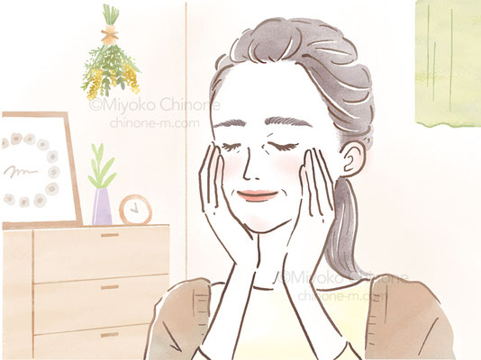 化粧水を顔になじましている女性のイラスト