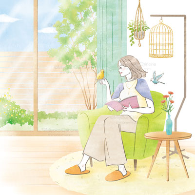 部屋でペットと遊びながらくつろいでいる女性のイラスト