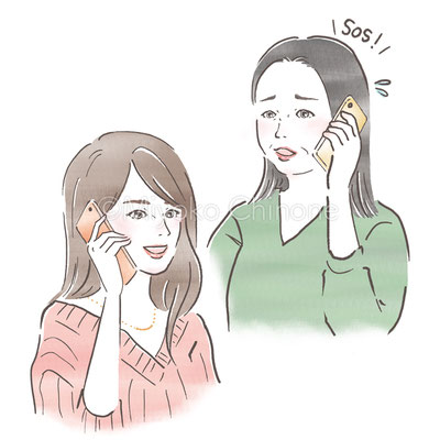 母親と電話している女性のイラスト