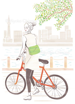 自転車と女性のイラスト（オリジナル）