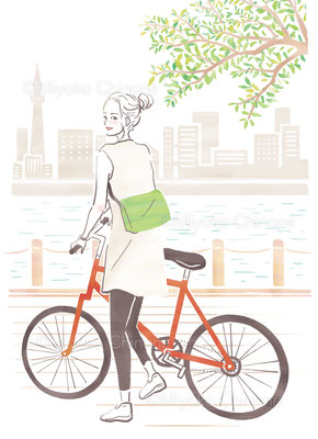 自転車と女性のイラスト