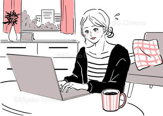 パソコンで作業している女性のイラスト