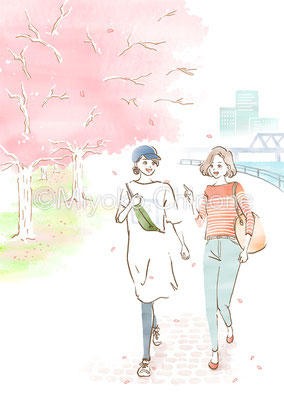 桜を見ながら散歩する女性二人のイラスト（オリジナル）