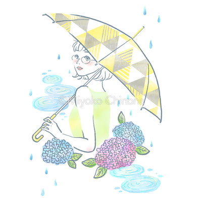 傘をさしている女性とあじさいのイラスト