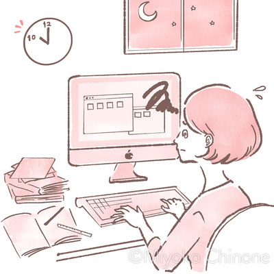 夜遅くまでPCで作業している女性のイラスト