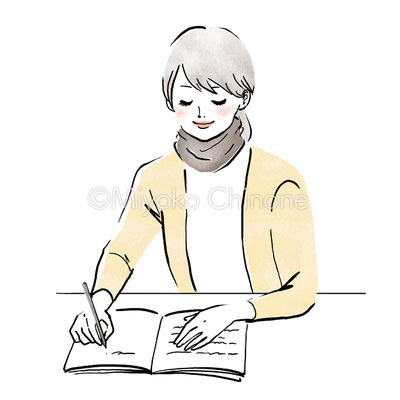 机でノートに文字を書いている女性のイラスト